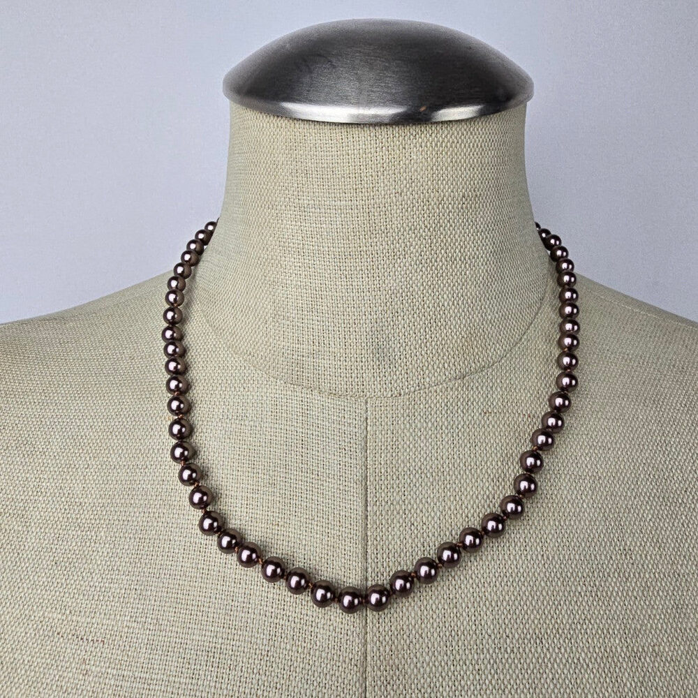 Vintage Brown Glass Faux Pearl Hand Knotted Necklace
